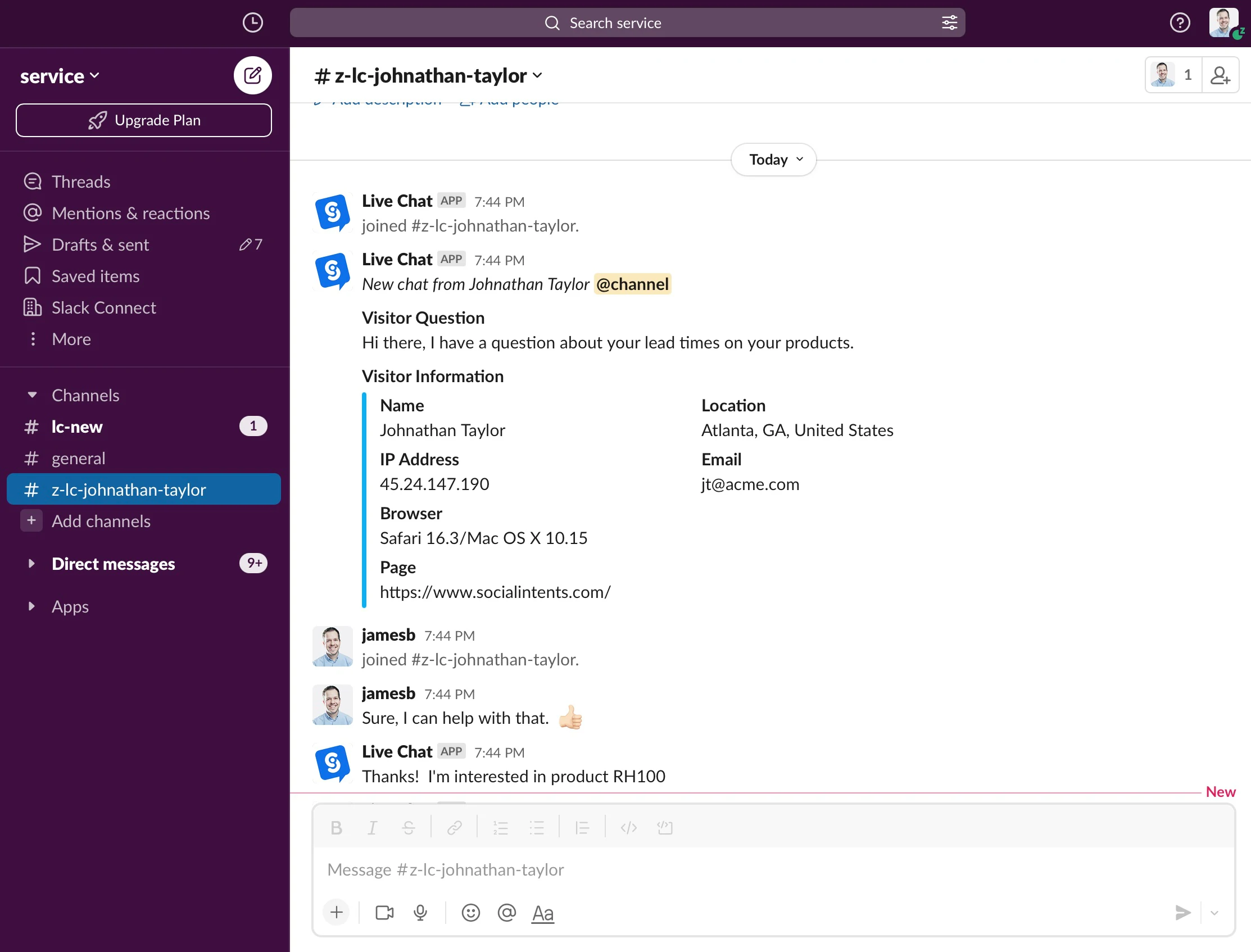 Slack Live Chat screenshot